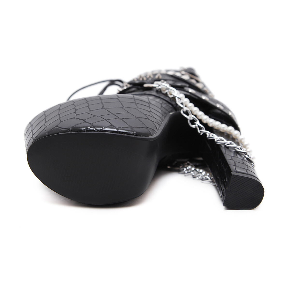 Black Studded Lace up Punk Rock High Heels Boots