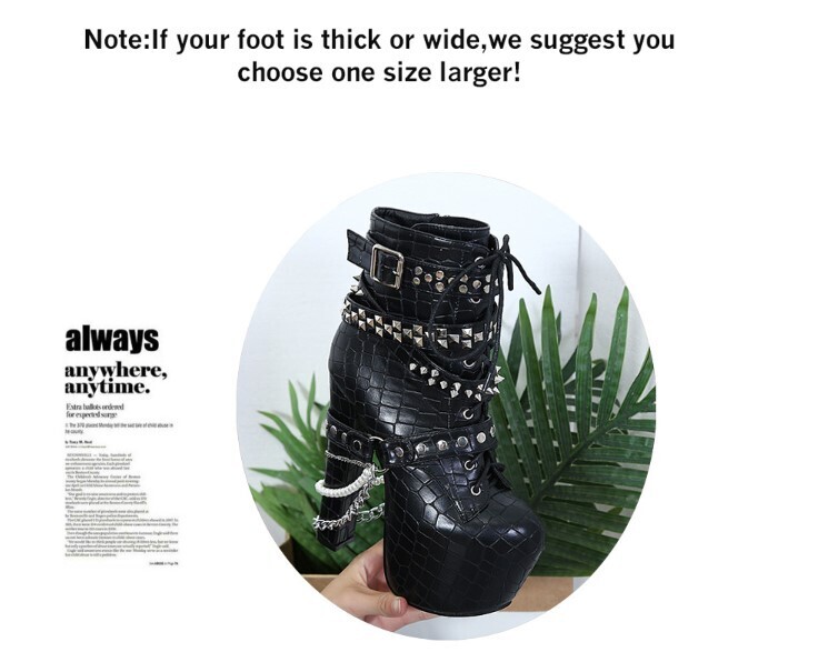 Black Studded Lace up Punk Rock High Heels Boots