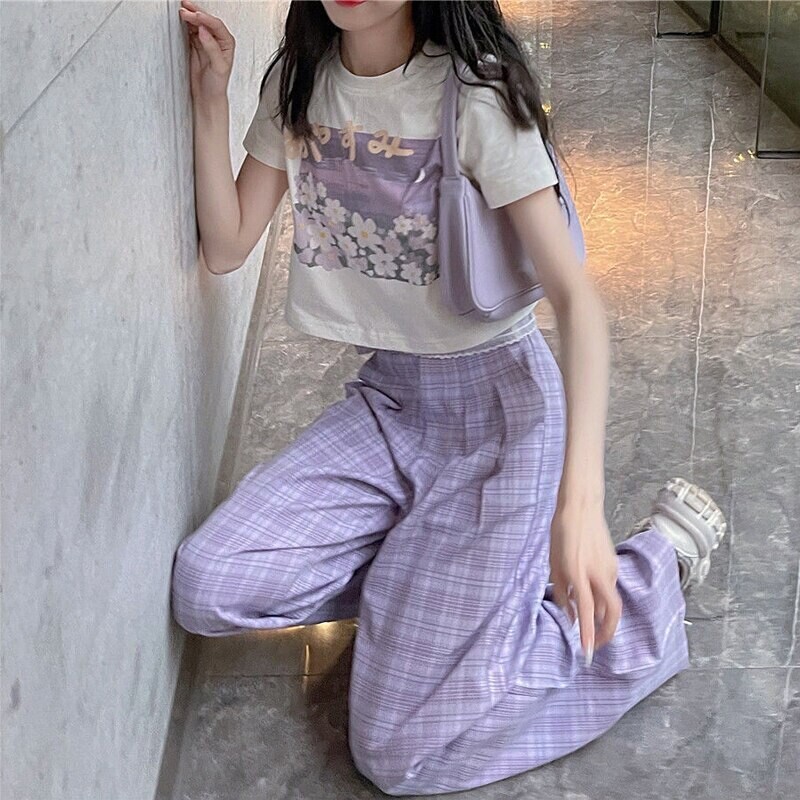 Y2k Purple Plaid Kawaii Pants