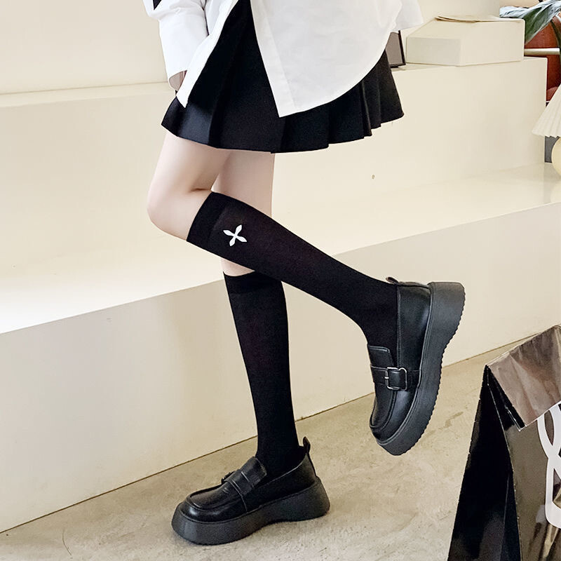 Japanese JK Women Black and White Mid Calf Socks with Cross