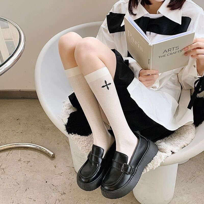 Japanese JK Women Black and White Mid Calf Socks with Cross