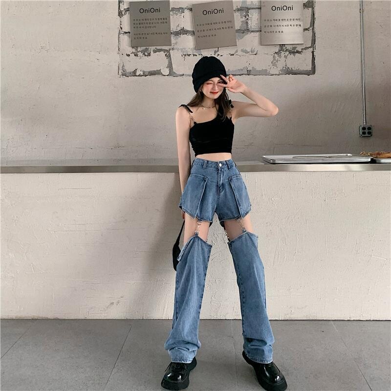 High Waist Chain Strap  Harajuku Street Style Women Denim Pats