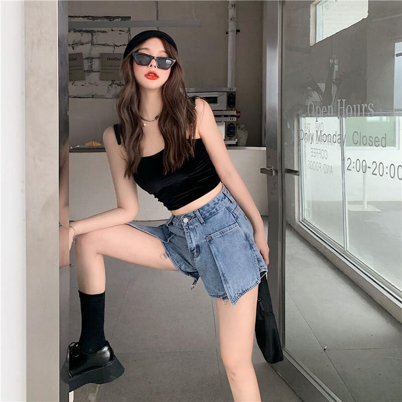 High Waist Chain Strap  Harajuku Street Style Women Denim Pats