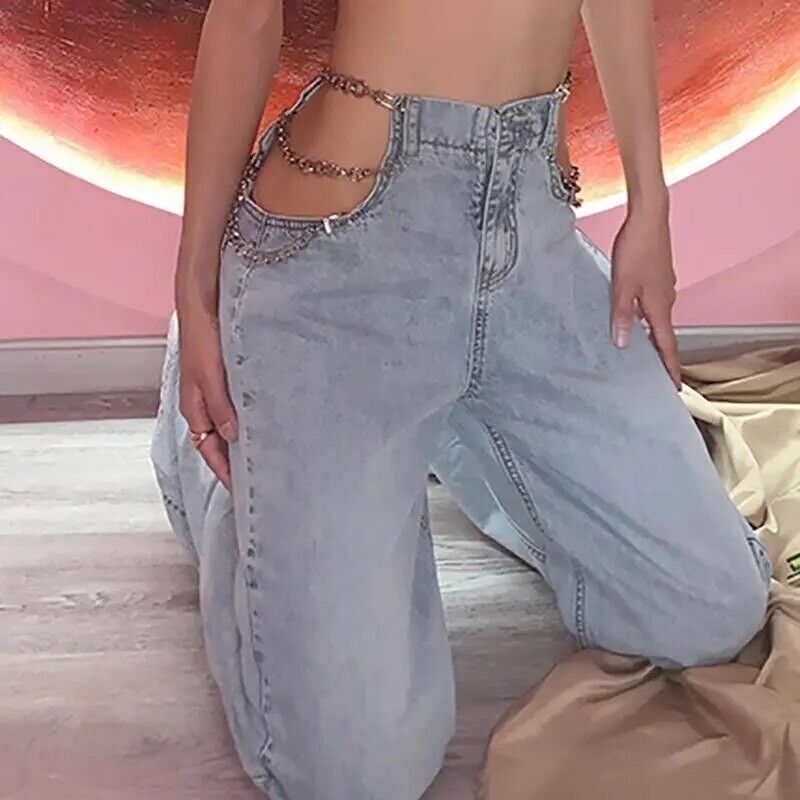 Sexy Chain Streetwear High Waist Denim Pants