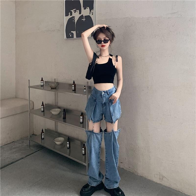 High Waist Chain Strap  Harajuku Street Style Women Denim Pats