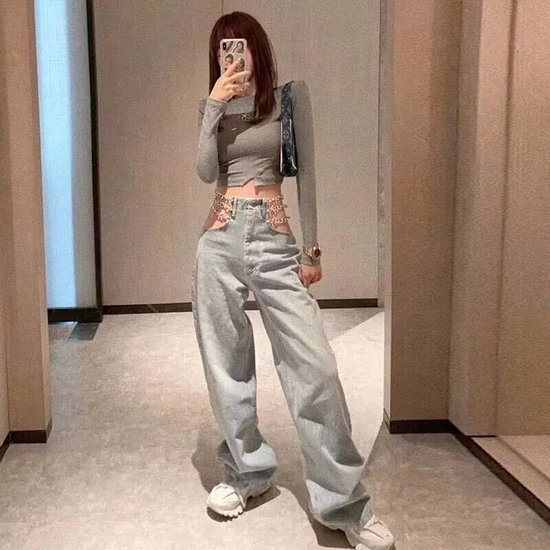 Sexy Chain Streetwear High Waist Denim Pants