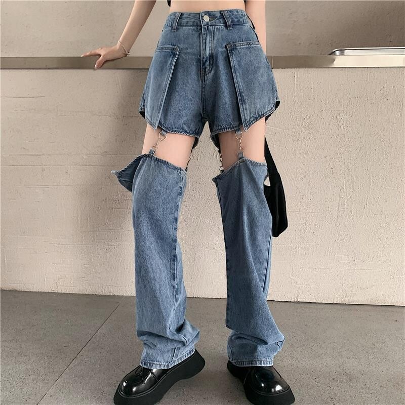 High Waist Chain Strap  Harajuku Street Style Women Denim Pats