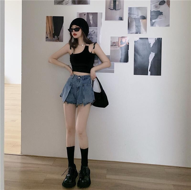 High Waist Chain Strap  Harajuku Street Style Women Denim Pats