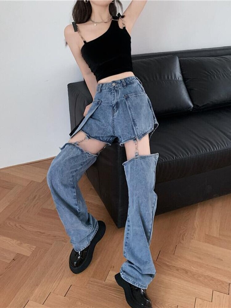 High Waist Chain Strap  Harajuku Street Style Women Denim Pats