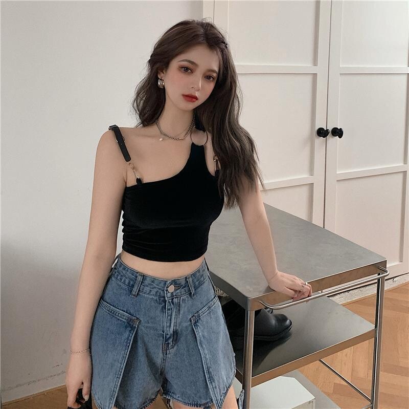 High Waist Chain Strap  Harajuku Street Style Women Denim Pats