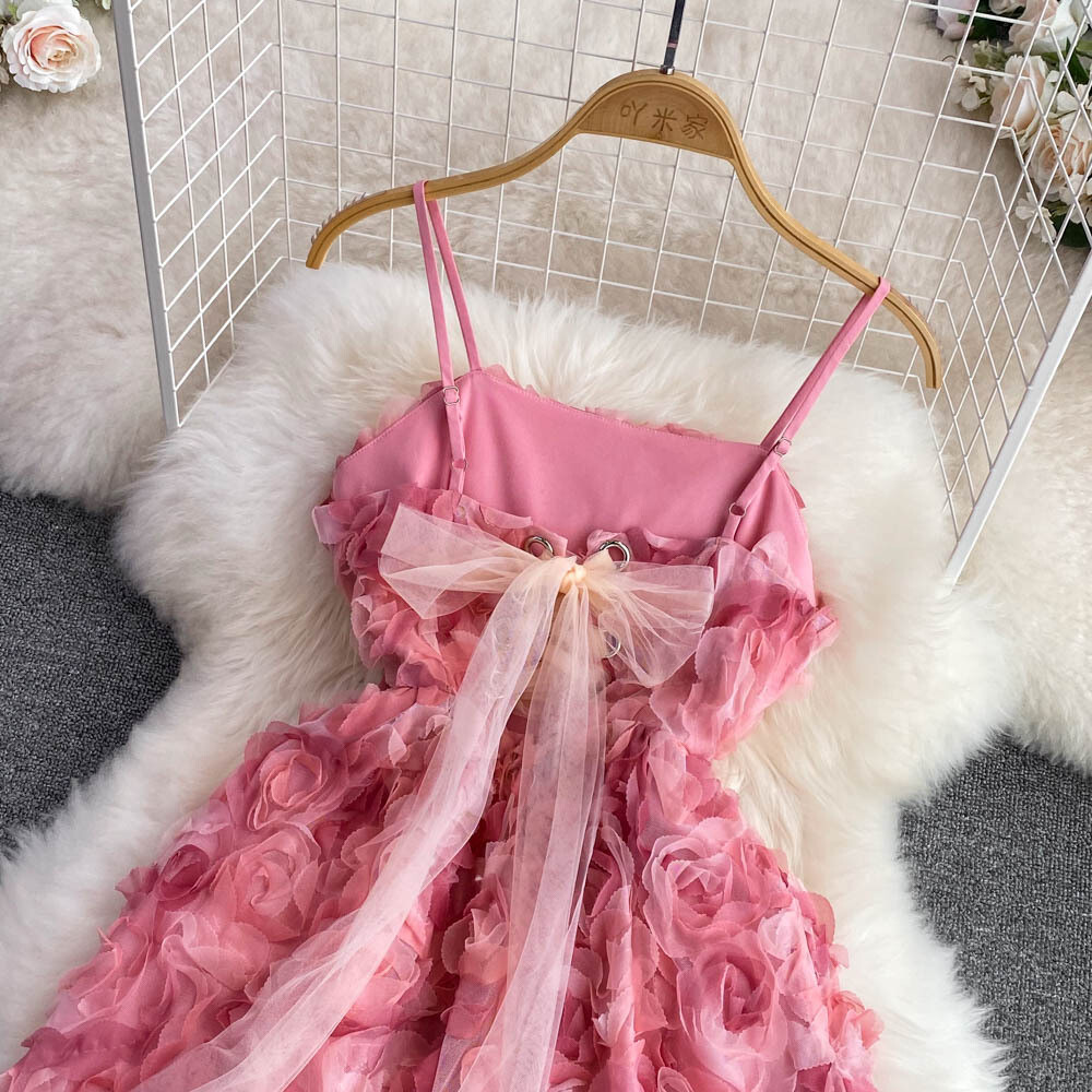 Spaghetti Strap A-Line Lace Up Pink Dress