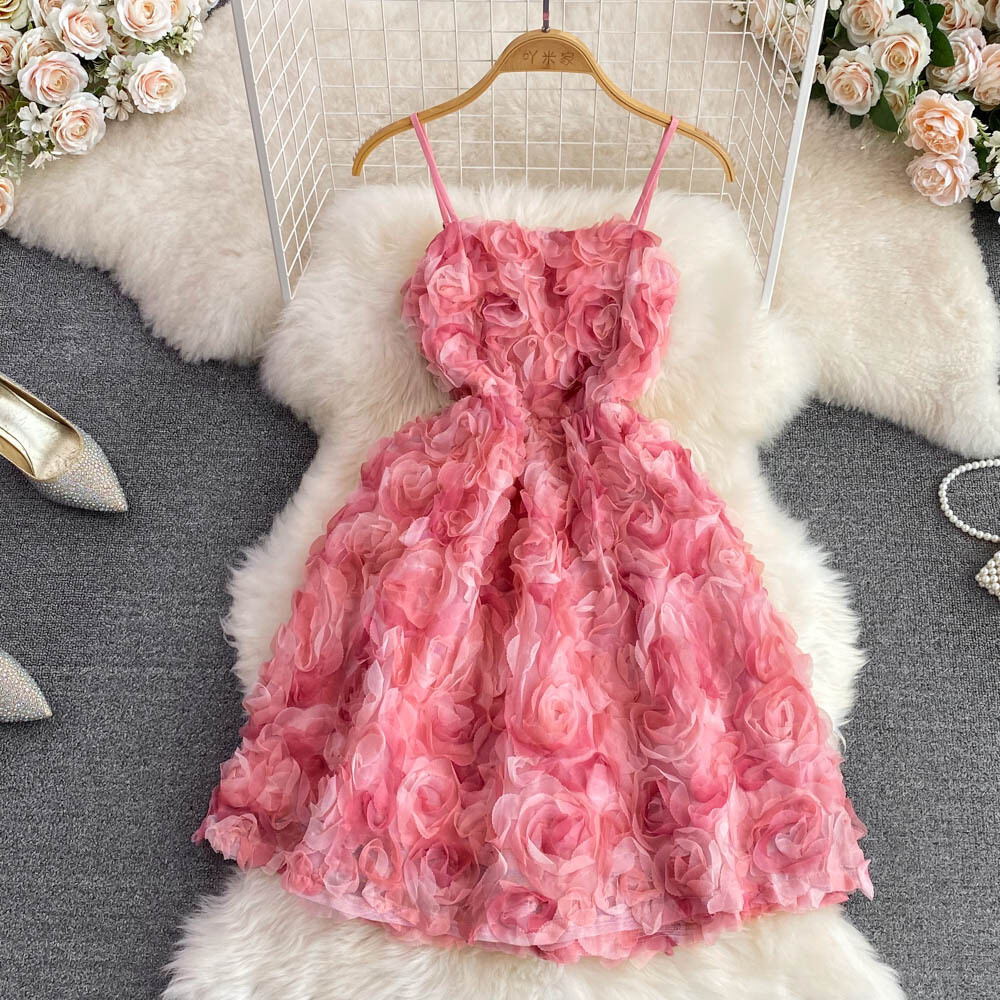 Spaghetti Strap A-Line Lace Up Pink Dress