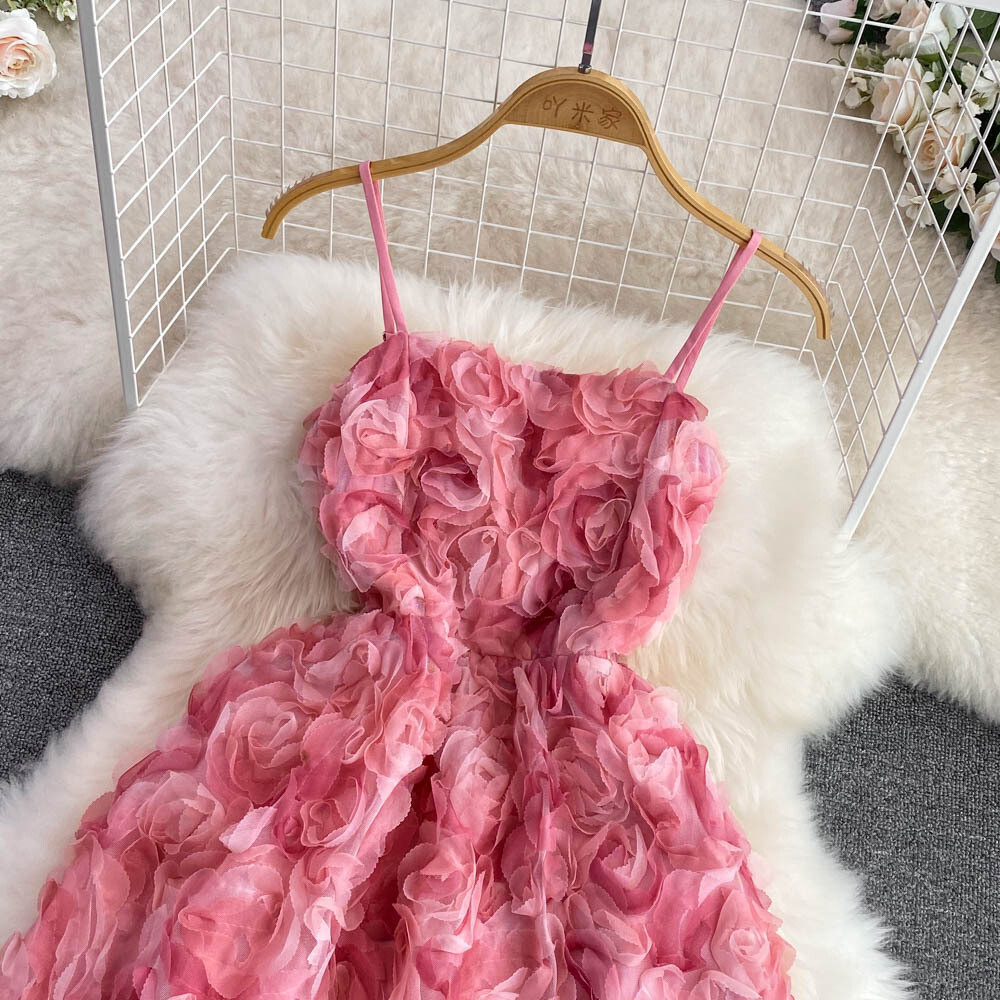 Spaghetti Strap A-Line Lace Up Pink Dress