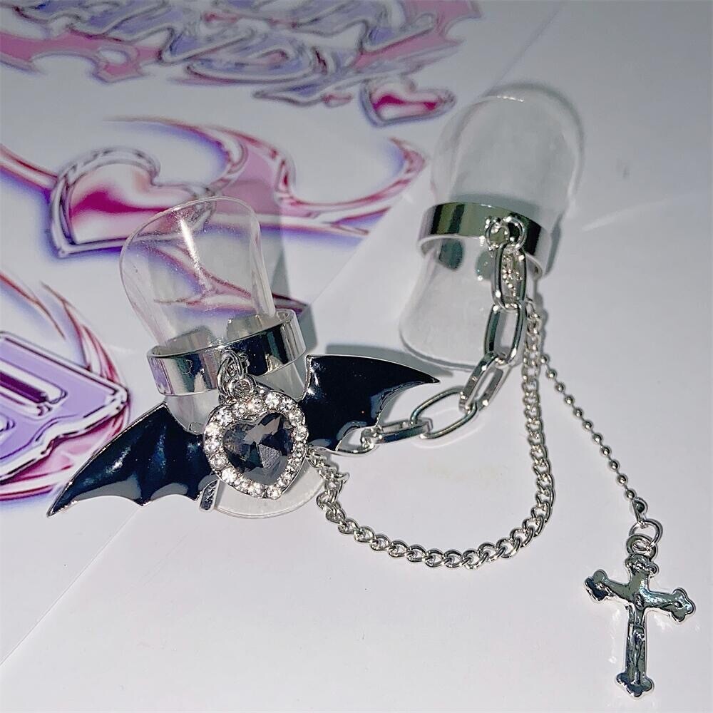 Y2k Gothic Black Bat Wing Chain Ring
