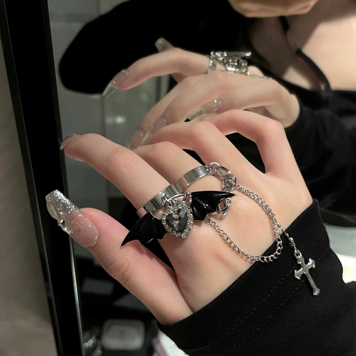 Y2k Gothic Black Bat Wing Chain Ring