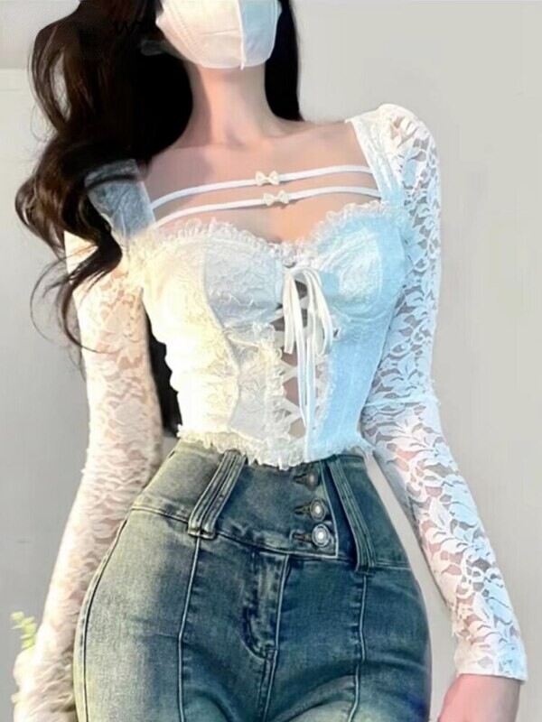 White Long Sleeve Lace up Sexy Crop Top