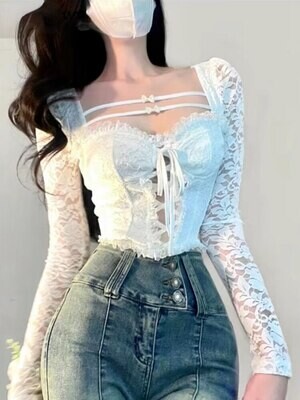 White Long Sleeve Lace up Sexy Crop Top