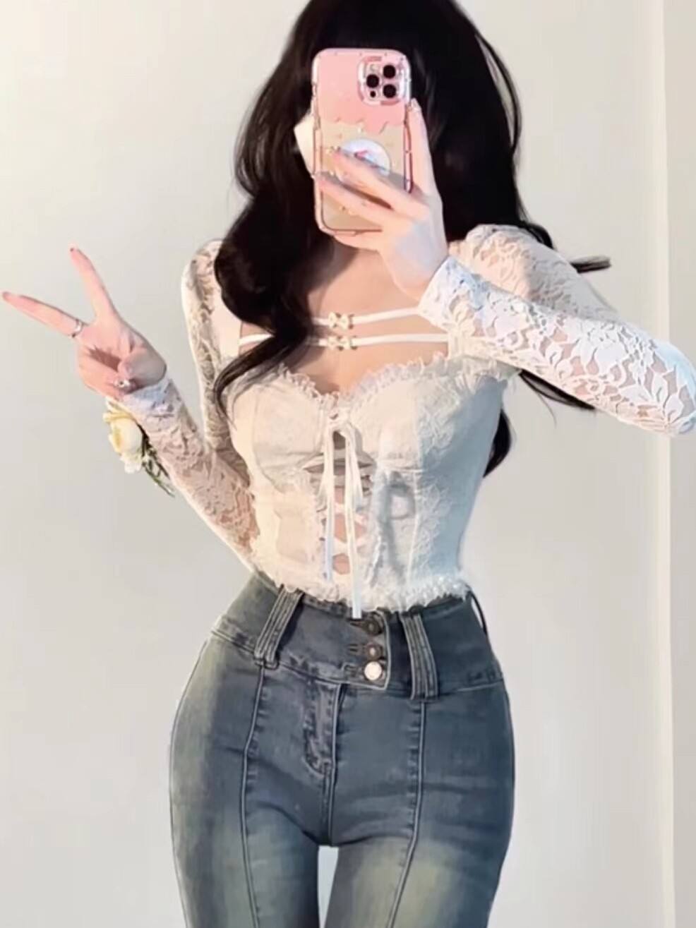 White Long Sleeve Lace up Sexy Crop Top