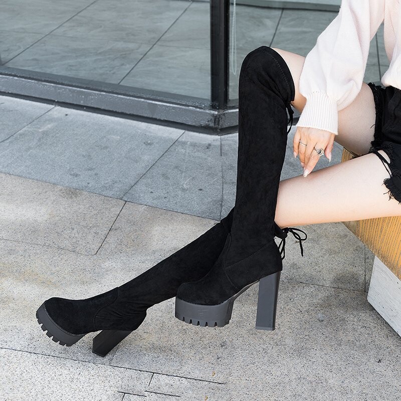 Slip on Black Stylish Over The Knee Boots