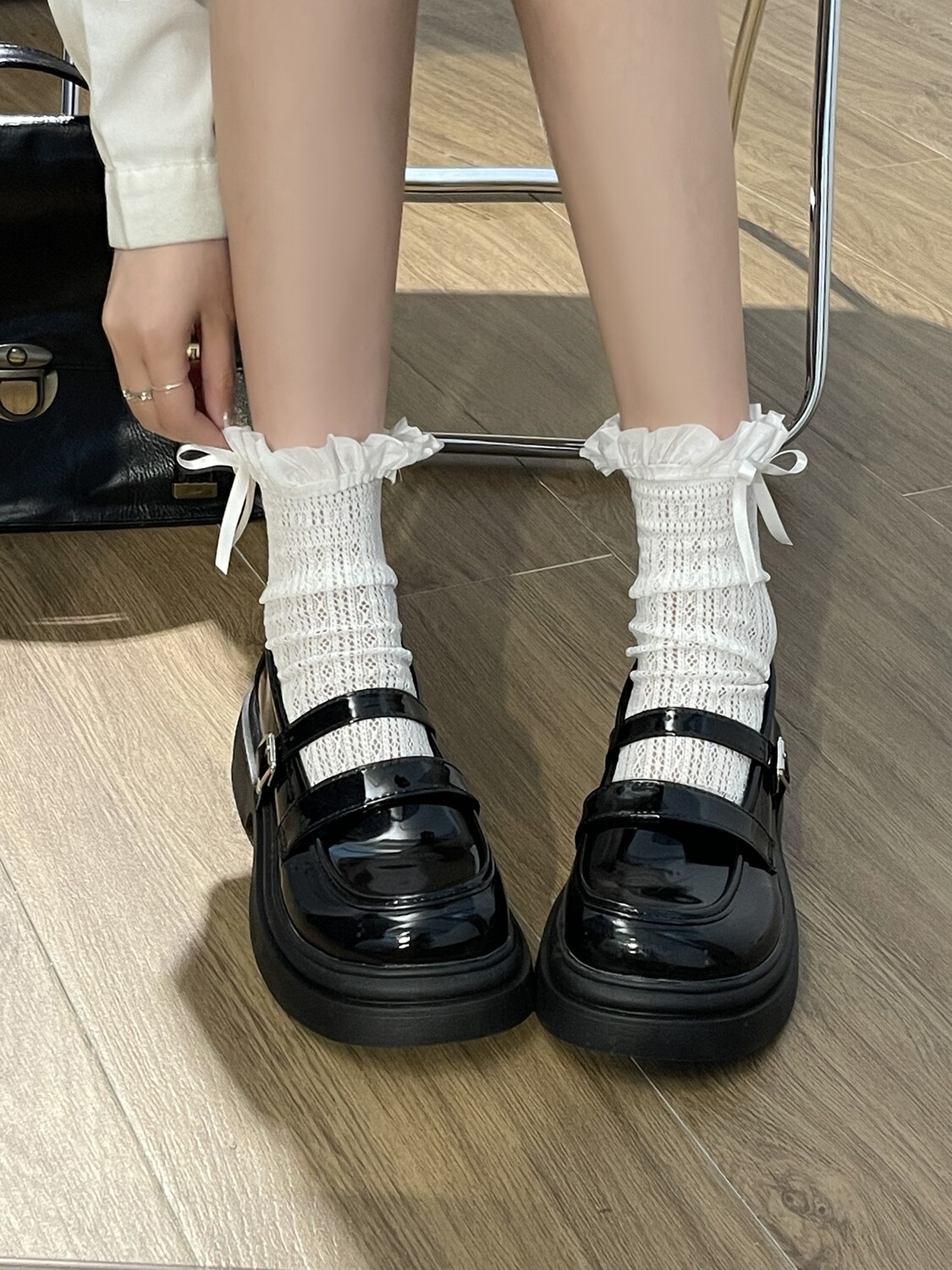 Black Round Toe Japanese Style Student Mary Jane Flat Shoes