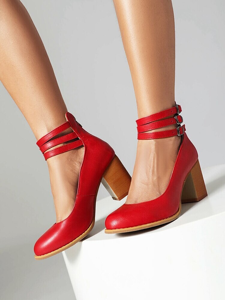 Leather Retro Casual High Heels Ankle Strap Shoes