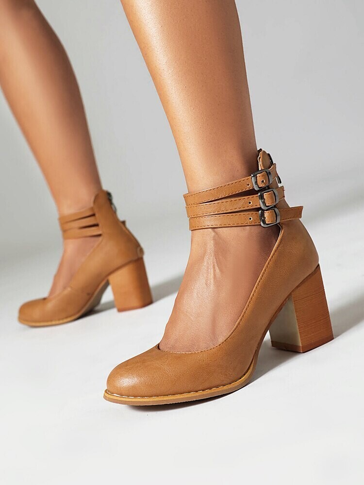 Leather Retro Casual High Heels Ankle Strap Shoes