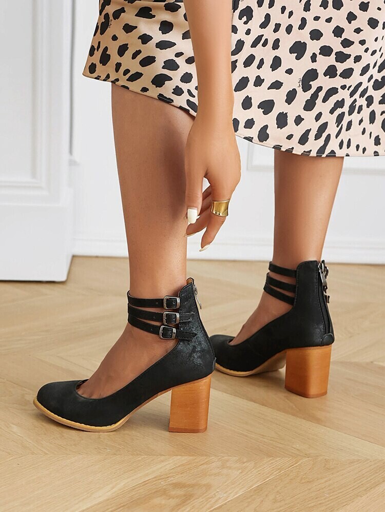 Leather Retro Casual High Heels Ankle Strap Shoes