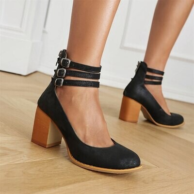 Leather Retro Casual High Heels Ankle Strap Shoes