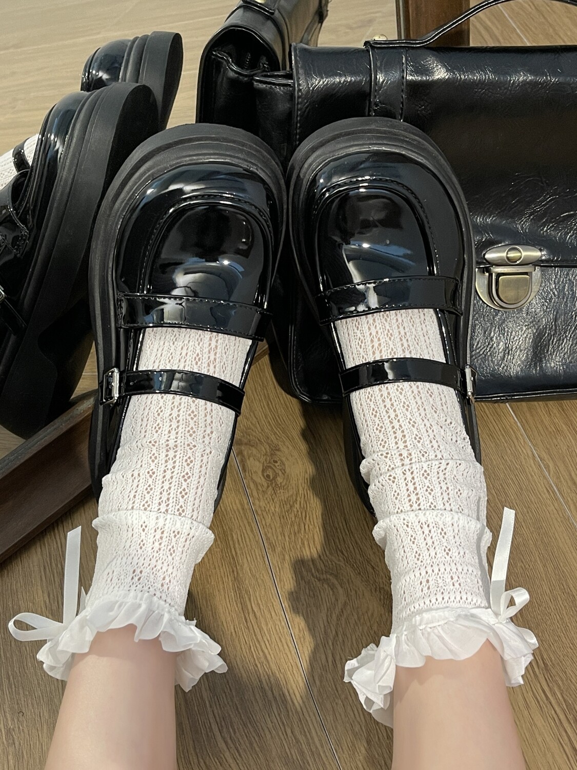 Black Round Toe Japanese Style Student Mary Jane Flat Shoes