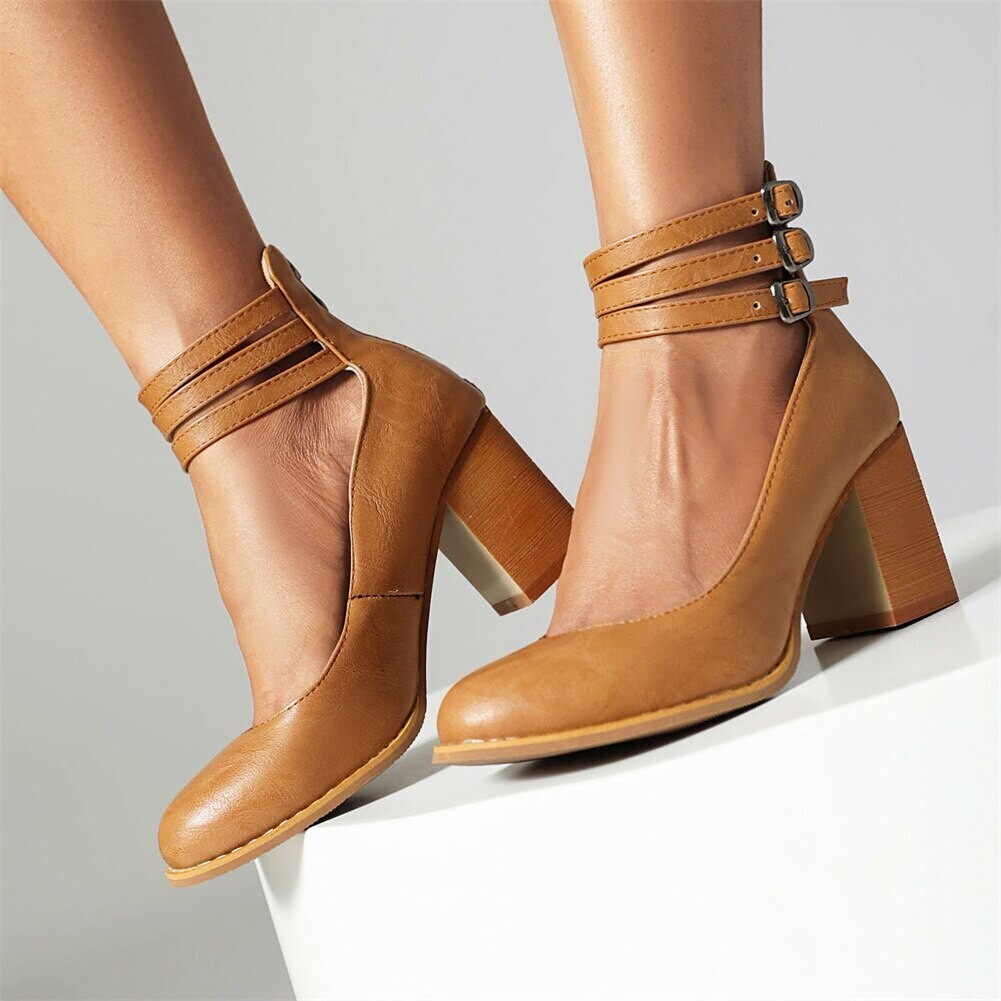 Leather Retro Casual High Heels Ankle Strap Shoes