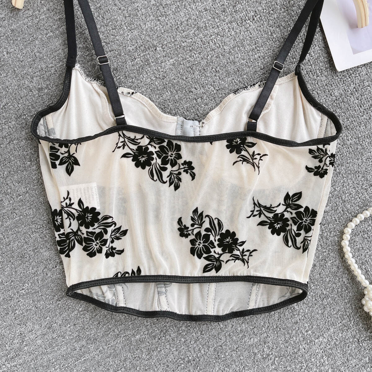 Mesh Patchwork Padded Embroidery Lace Crop Top