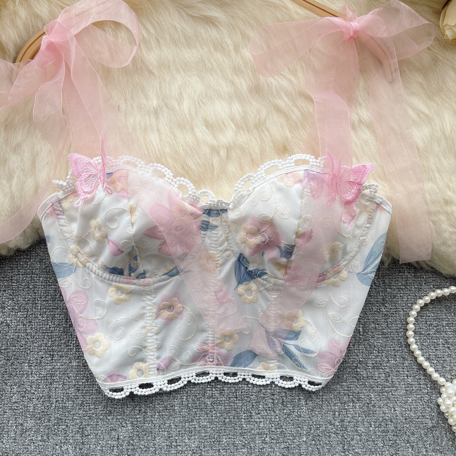 Floral Women Embroidery Mesh Lace Spaghetti Strap Summer Top