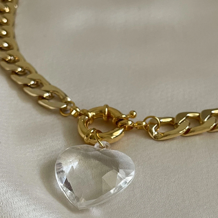 Crystal Heart Chain Statement Necklace