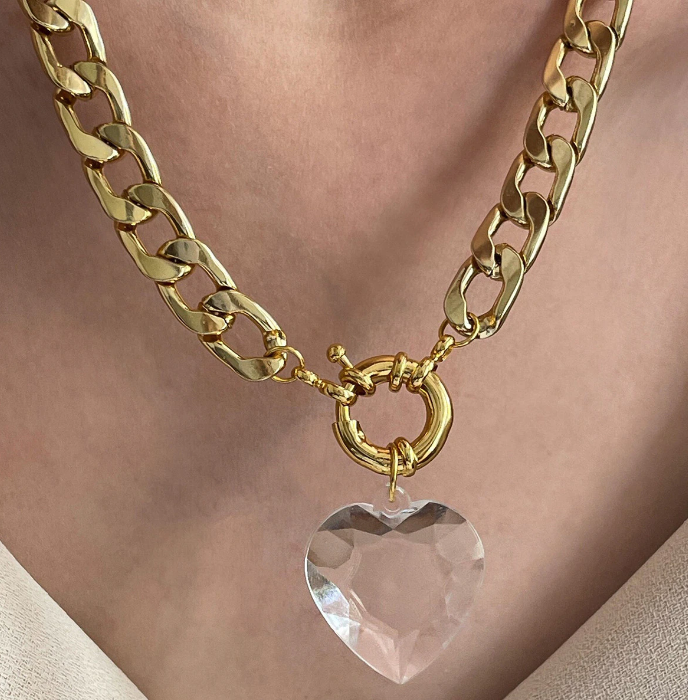 Crystal Heart Chain Statement Necklace