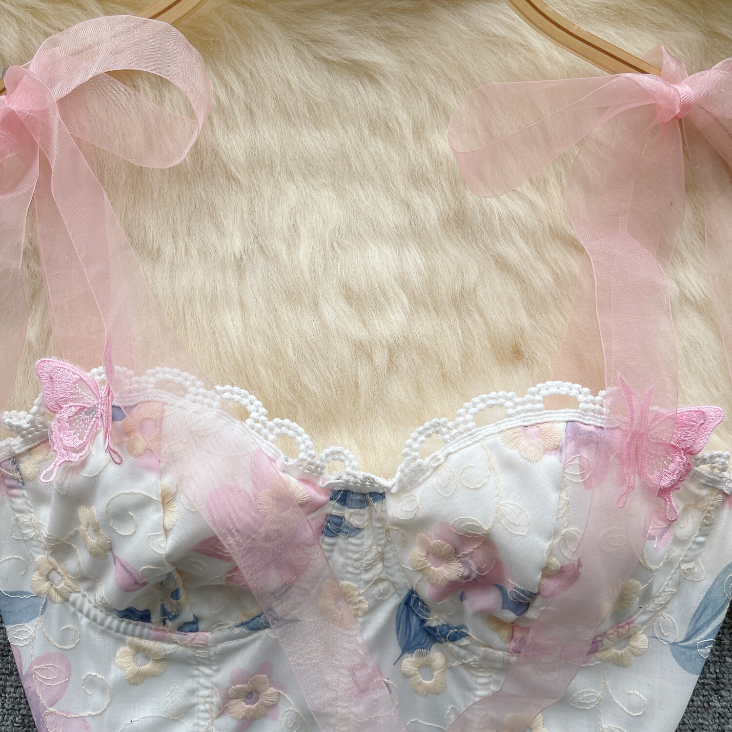 Floral Women Embroidery Mesh Lace Spaghetti Strap Summer Top