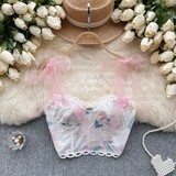 Floral Women Embroidery Mesh Lace Spaghetti Strap Summer Top