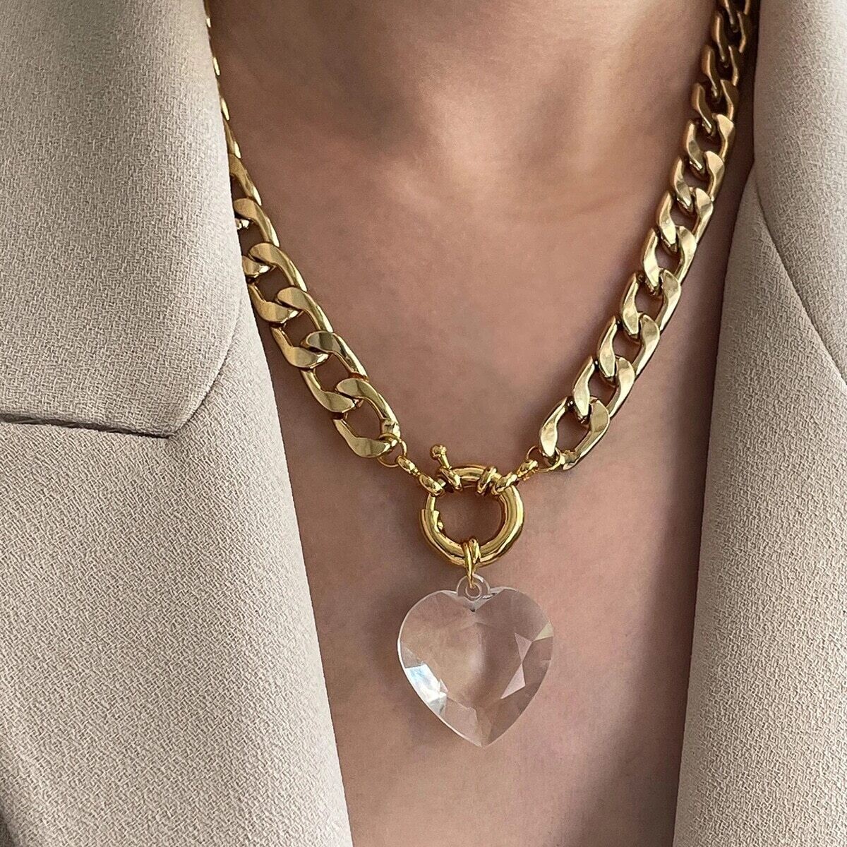 Crystal Heart Chain Statement Necklace