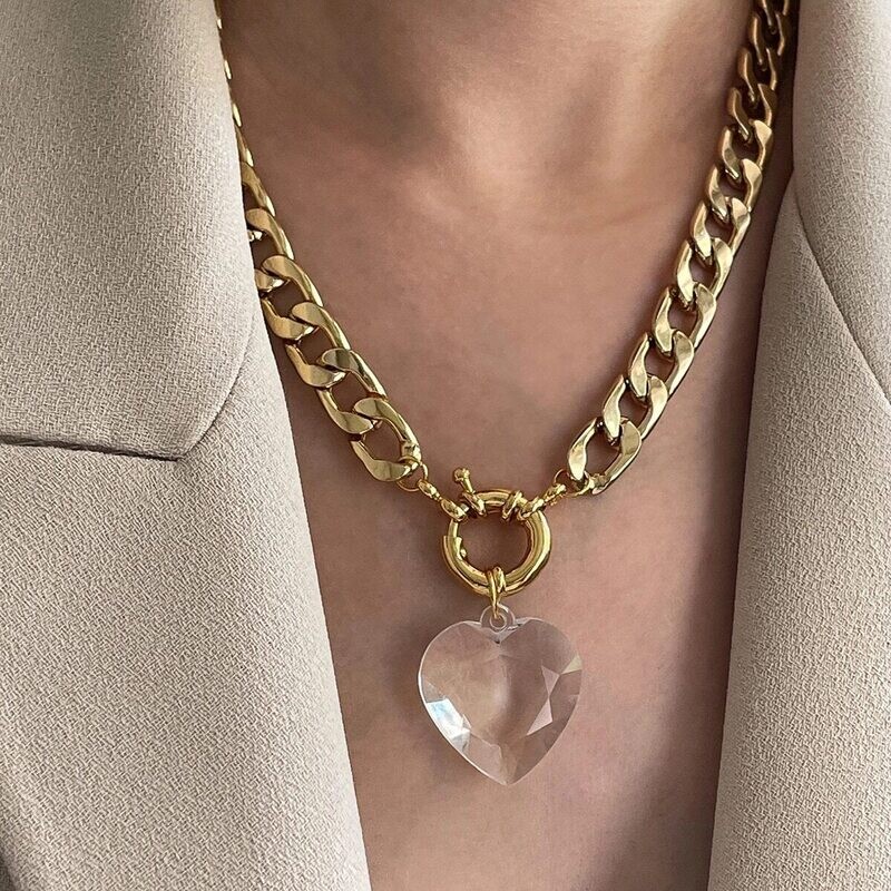 Crystal Heart Chain Statement Necklace
