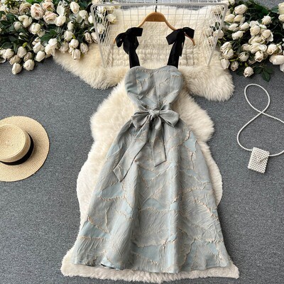 Elegant  Lace Up Bow Strap A Line Evening Party Dress
