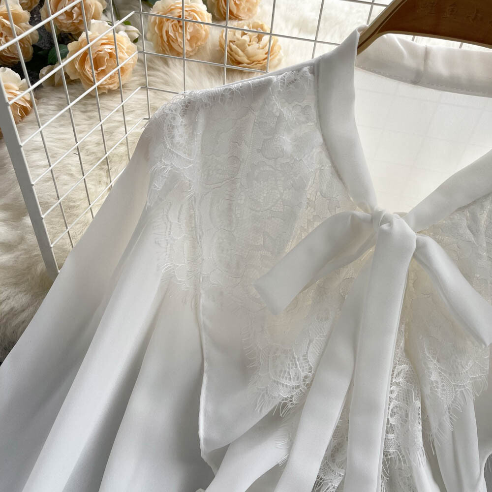 Ruffled Long Sleeve V Neck Lace Patchwork Blouse