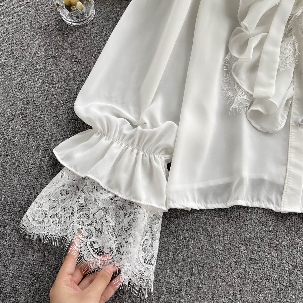 Ruffled Long Sleeve V Neck Lace Patchwork Blouse