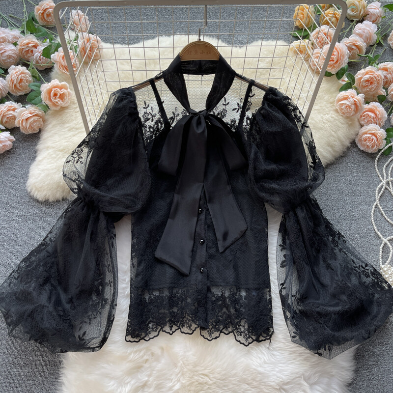Lace Up Embroidery Long Sleeve Blouse