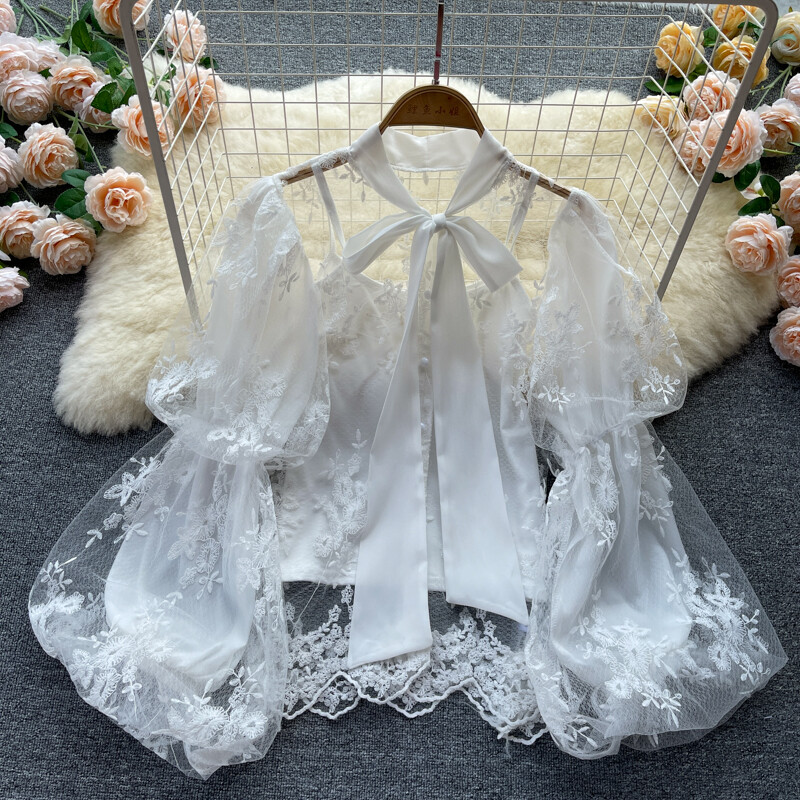 Lace Up Embroidery Long Sleeve Blouse