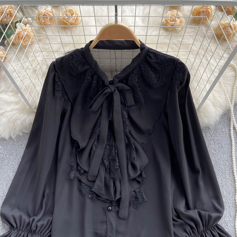 Ruffled Long Sleeve V Neck Lace Patchwork Blouse