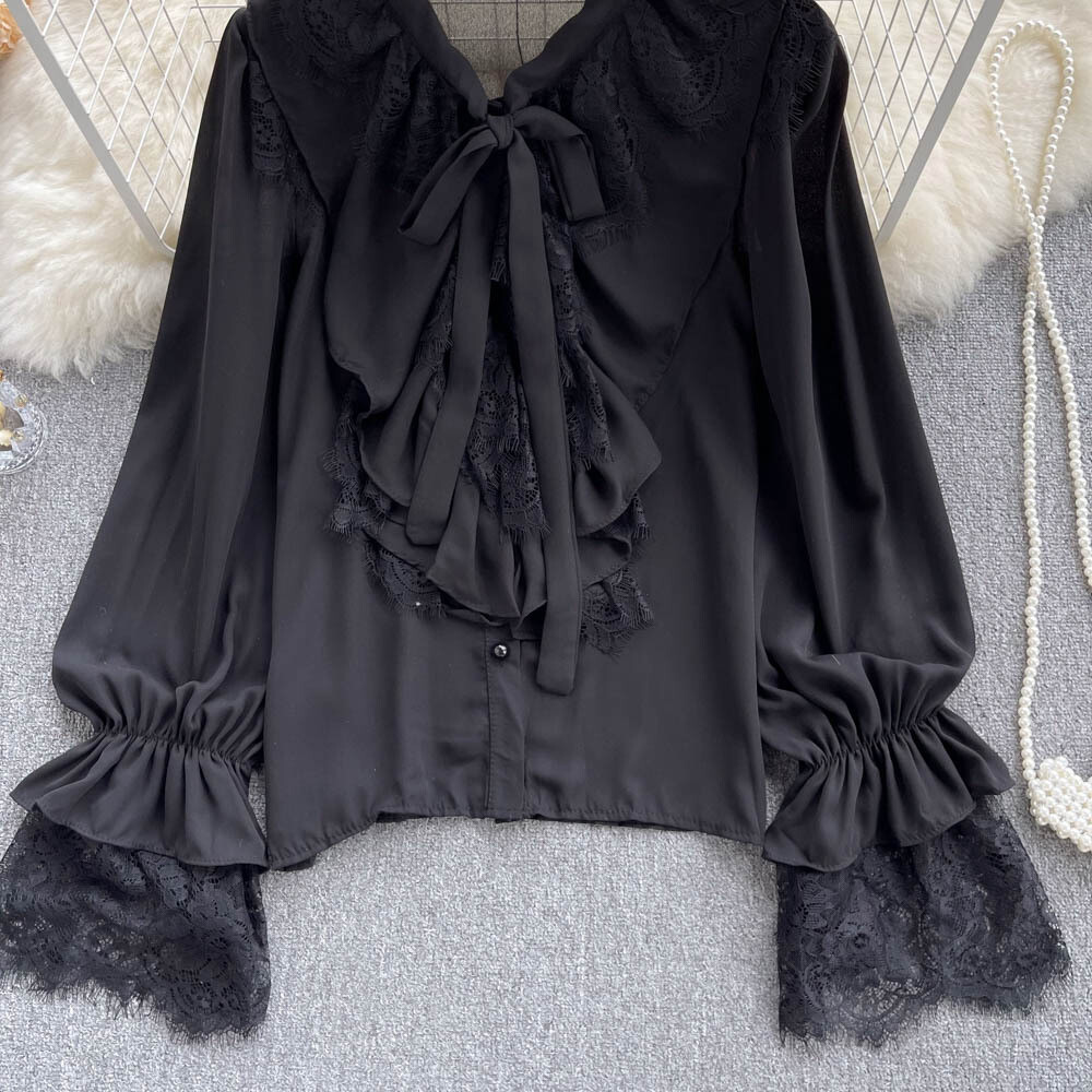 Ruffled Long Sleeve V Neck Lace Patchwork Blouse