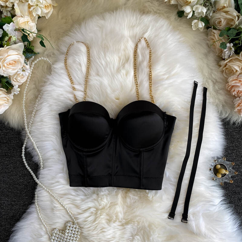 Chain Straps Corset Crop Tank Tops with Built In Bras
