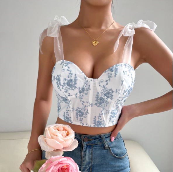 Sexy Lace up Back Floral Embroidery Bustier Top