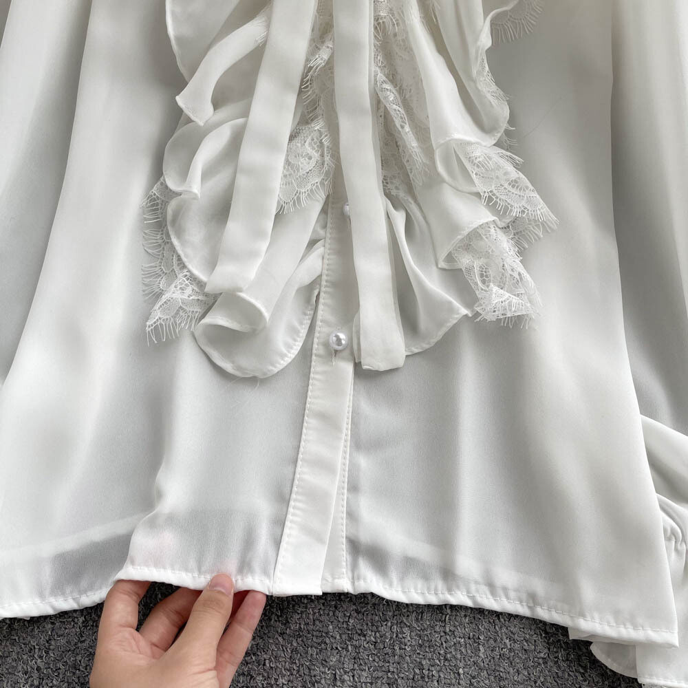Ruffled Long Sleeve V Neck Lace Patchwork Blouse