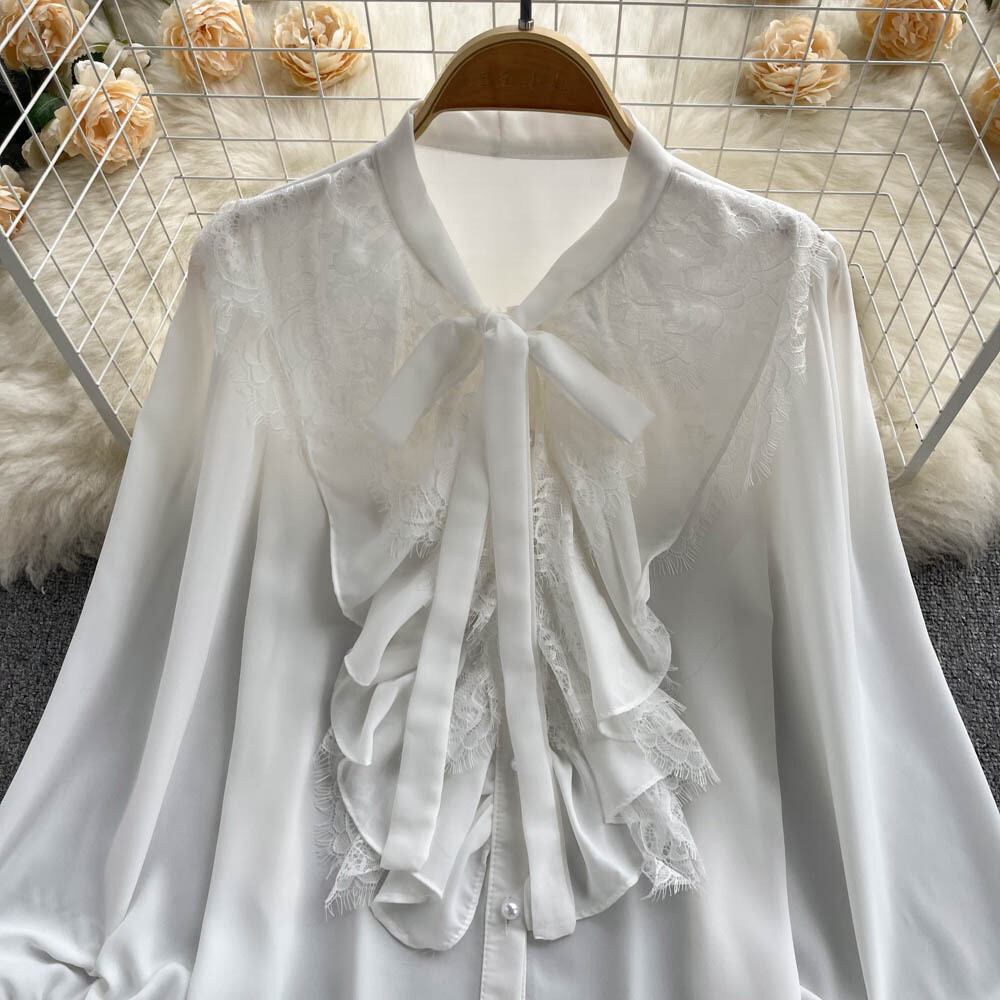 Ruffled Long Sleeve V Neck Lace Patchwork Blouse