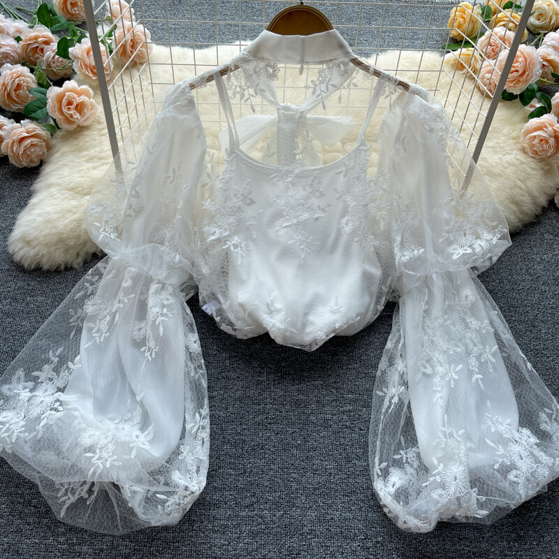 Lace Up Embroidery Long Sleeve Blouse